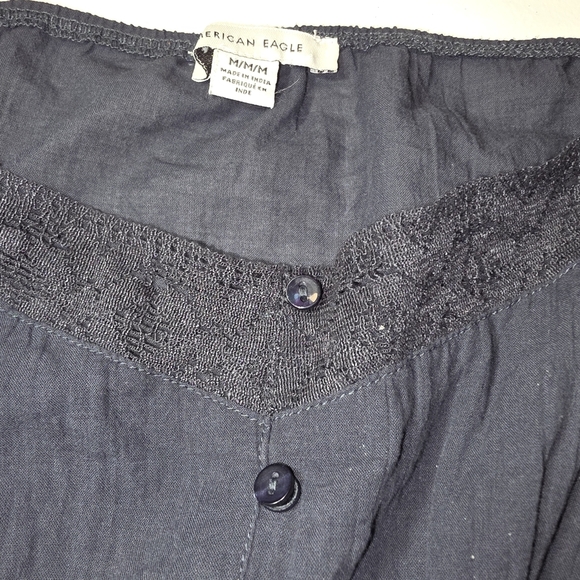 American Eagle Navy Smocked Lace Baby Doll Crop Top Milkmaid Peasant Long Sleeve - Picture 4 of 10